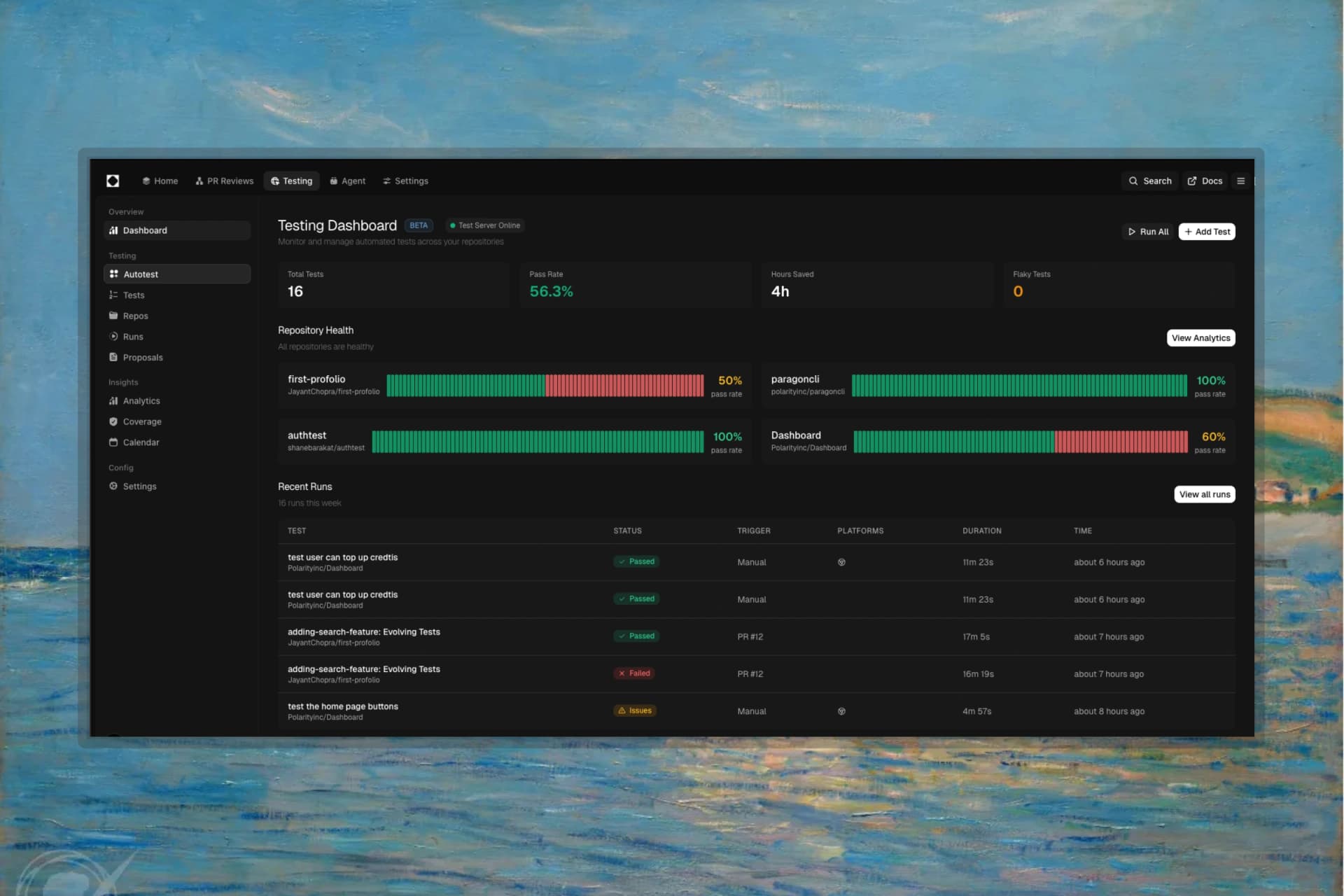 Testing dashboard